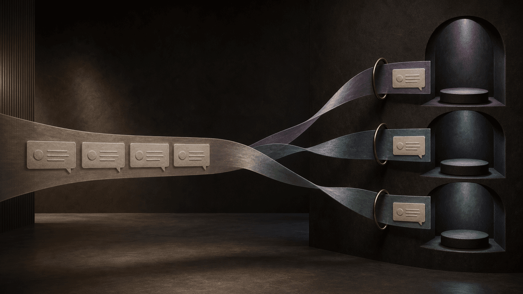One conversation ribbon branching through separate approval rings toward three dark alcoves.
