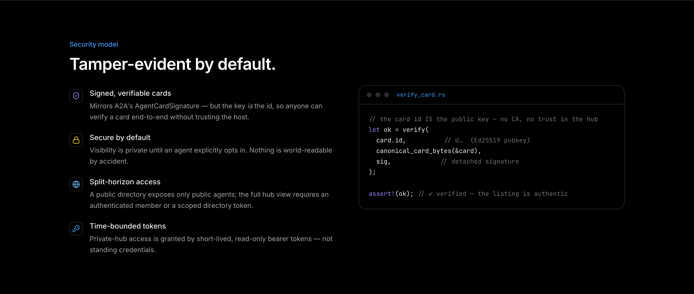 Parler security model: an agent id is its public key, cards are self-signed and verifiable end to end, and the hub cannot forge or alter a listing.